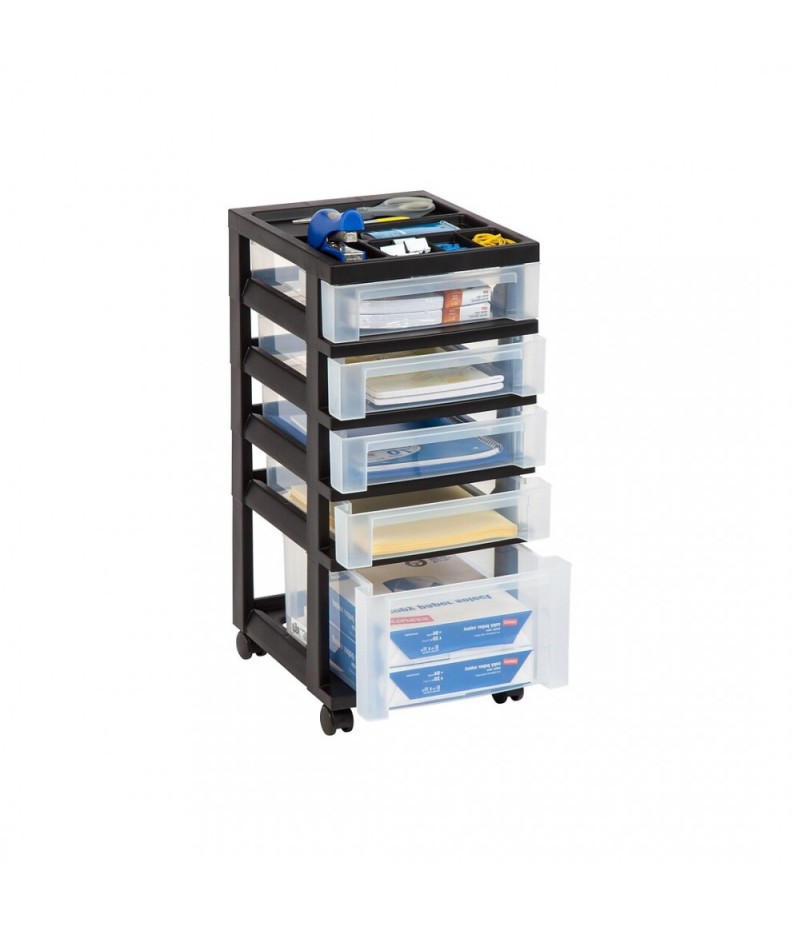 Black plastic storage box cart with 5 drawers