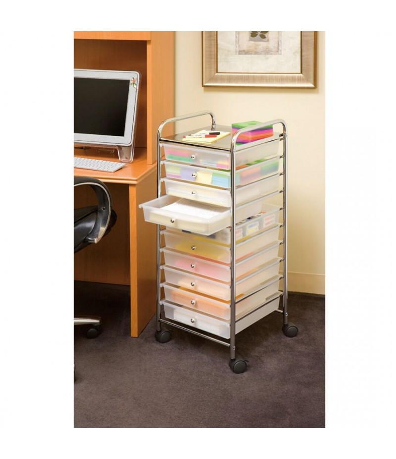 Durable classic 10 drawer organizer cart, frosted white